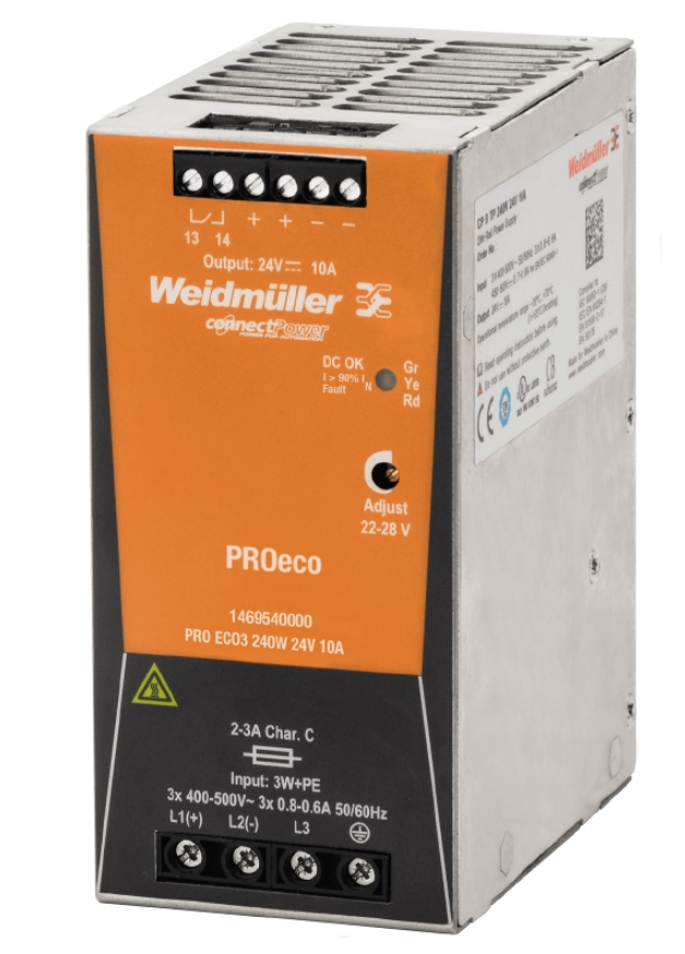 Fuente de Poder WEIDMULLER PRO ECO3; Trifasica, Amperaje 10A, 240W Trifasica, salida 24VDC