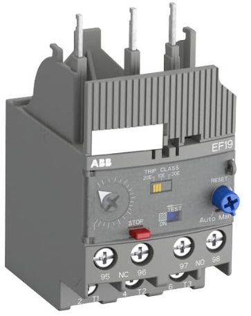 Relé de Sobrecarga Marca ABB Serie EF19; Amperaje 5.7-18.9A Bobina AC/DC Contactos NO 1 Contactos NC 1 Polos 3