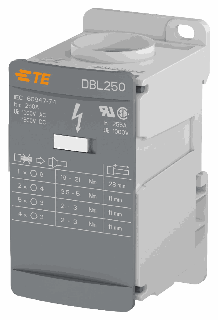 Bornera de Distribución Marca ABB Serie DBL; Amperaje 250A Entrada 1X2-3/0AWG, 2X4-14AWG;  Salida 5X14-6AWG+4X14-8AWG