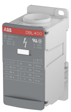 Bornera de Distribución Marca ABB Serie DBL; Amperaje 400A Entrada 1X3/0-400KCMIL, 2X14-2AWG Salida 5X14-6AWG+4X14-18AWG