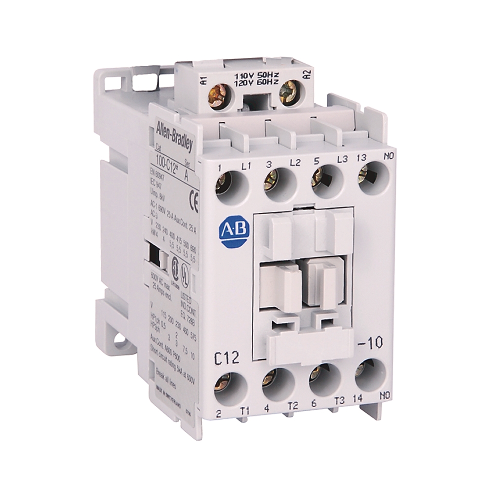 Contactor Marca ALLEN BRADLEY Serie 100-C; Amperaje 12A Polos 3P Potencia (Kw) 1.5kW Potencia (Kw) 6kW Potencia (HP) 2HP Potencia (HP) 7.5HP Bobina 110VAC Contacto NO 1 Contacto NC 0