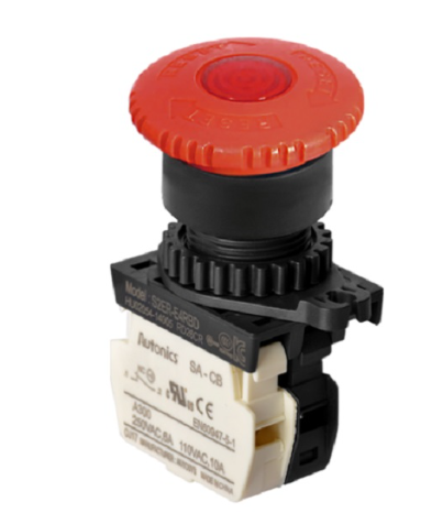 Pulsador de Paro de Emergencia Marca AUTONICS Serie S2ER; Color Rojo Diametro 22mm Cabeza de Pulsador 40mm Alimentación 110VAC          