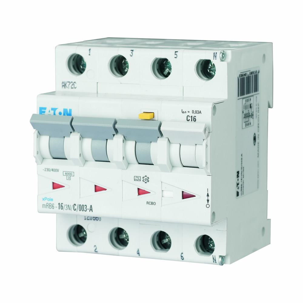 Eaton Moeller series xPole - mRB4/6 RCBO - residual-current circuit breaker with overcurrent protection. RCD/MCB, 10A, 30mA, D-LS-Char, 3N pole, FI-Char: A