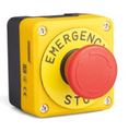 Caja de mando de  Paro de Emergencia Marca EMAS Serie P; Color Amarillo/Negro Orificios  1 Contacto NC 1 1 Contacto NC 1   